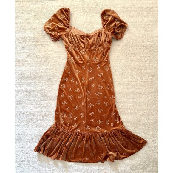 Lait Collection Velvet Dress Size XL Rust Floral Puff Sleeve Ruffle Hem Retro - Picture 4 of 17